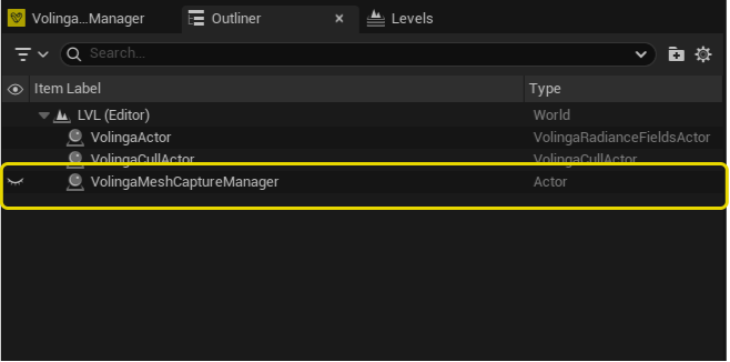 VolingaMeshCaptureManager actor in the Unreal Engine World Outliner